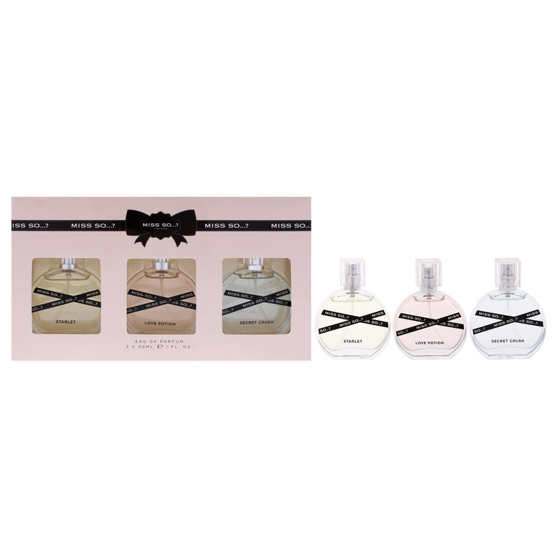 So…? Miss So Set by So…? for Women - 3 Pc Gift Set 1oz Starlet EDP Spray, 1oz Love Potion EDP Spray, 1oz Secret Crush EDP Spray
