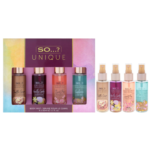 So…? Unique Body Mist Set by So…? for Women - 4 Pc 1.7oz Body Mist - Vanilla Candy, 1.7oz Body Mist - Sweet Pea, 1.7oz Body Mist - Truffle Cream, 1.7oz Body Mist - Cashmere