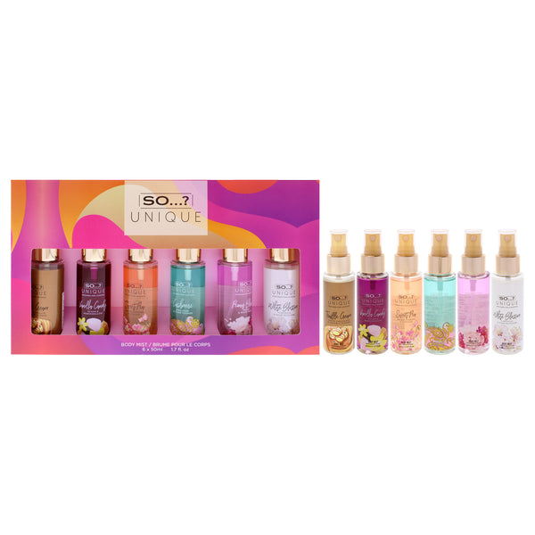 So…? Unique Body Mist by So…? for Women - 6 Pc 1.7oz Body Mist - White Blossom, 1.7oz Body Mist - Vanilla Candy, 1.7oz Body Mist - Peony Blush, 1.7oz Body Mist - Sweet Pea, 1.7oz Body Mist - Cashmere, 1.7oz Body Mist - Truffle Cream
