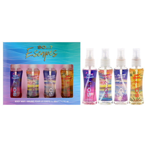 So…? Escapes Body Mist Set by So…? for Women - 4 Pc 1.7oz Body Mist - Ibiza Dreams, 1.7oz Body Mist - Majorca Love, 1.7oz Body Mist - Mykonos Nights, 1.7oz Body Mist - Bali Breeze