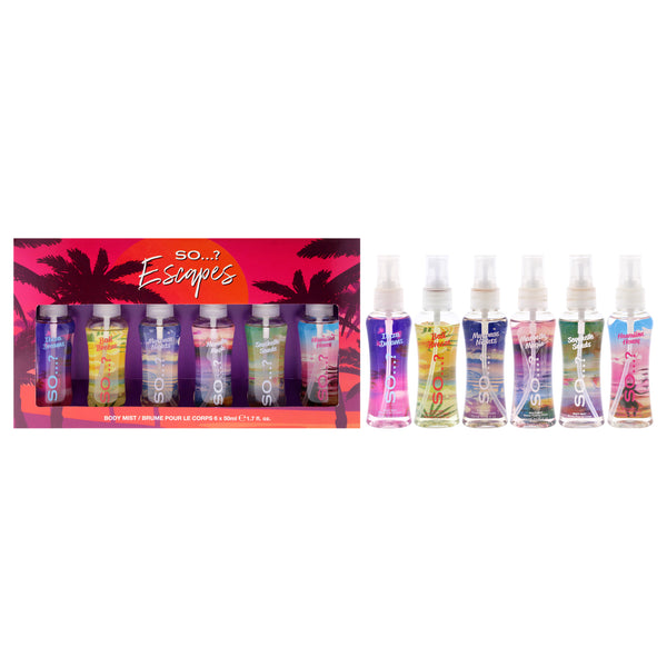 So…? Escapes Body Mist Set by So…? for Women - 6 Pc 1.7oz Body Mist - Ibiza Dreams, 1.7oz Body Mist - Mykonos Night, 1.7oz Body Mist - Bali Breeze, 1.7oz Body Mist - Seychelle Sand, 1.7oz Body Mist - Hawaiin Honey, 1.7oz Body Mist - Marbella Magic