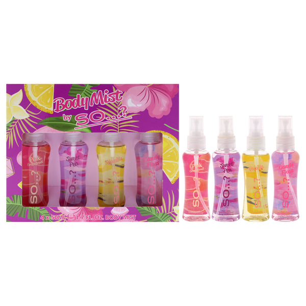 So…? Body Mist Set by So…? for Women - 4 Pc 1.7oz Body Mist - Pink Grapefruit, 1.7oz Body Mist - Sweet Pea, 1.7oz Body Mist - Vanilla, 1.7oz Body Mist - Candy Floss