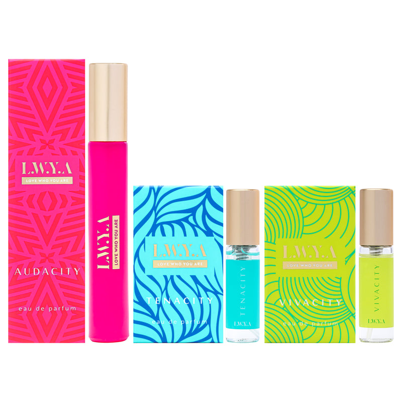 LWYA Audacity Discovery Set by LWYA for Women - 3 Pc Mini Gift Set 0.27oz Audacity EDP Spray (Mini), 0.1oz Tenacity EDP Spray (Mini), 0.1oz Vivacity EDP Spray (Mini)