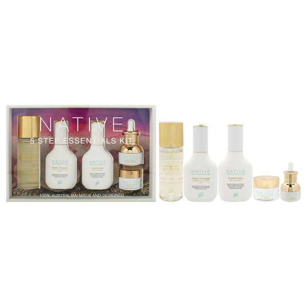 Klara Native 5 Step Essentials Kit by Klara for Women - 5 Pc 3.4oz Micellar Cleansing Water All In One, 1.4oz Pure Vitamin Toner and Facial Mist, 1.4oz Purifying Gel Cleanser, 0.5oz Gold Serum Pure Vitamin Brightening, 0.5oz Vitamin-Rich Moisturizer