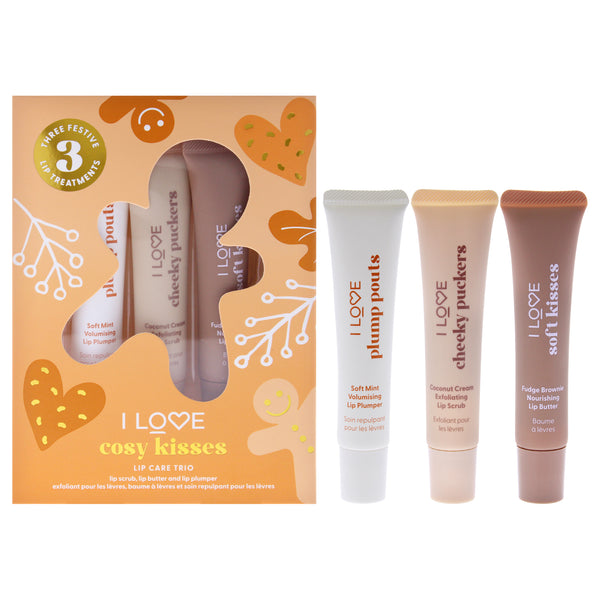 I Love Cosmetics Cosy Kisses Lip Care Trio by I Love Cosmetics for Women - 3 Pc 0.5oz Cheeky Puckers Coconut Cream Exfolianting Lip Scrub, 0.5oz Soft Kisses Fudge Brownie Nourishing Lip Butter, 0.5oz Plump Pouts Soft Mint Volumising Lip Plumper