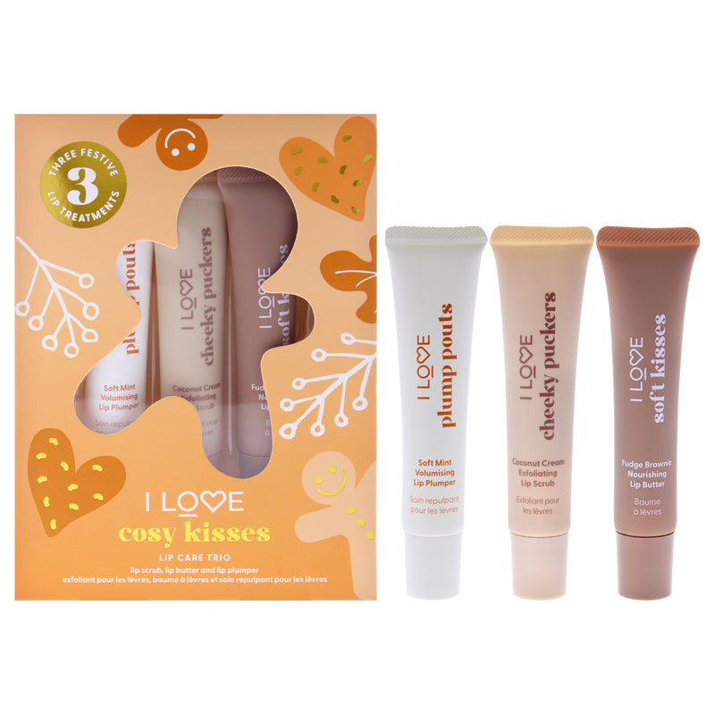 I Love Cosmetics Cosy Kisses Lip Care Trio by I Love Cosmetics for Women - 3 Pc 0.5oz Cheeky Puckers Coconut Cream Exfolianting Lip Scrub, 0.5oz Soft Kisses Fudge Brownie Nourishing Lip Butter, 0.5oz Plump Pouts Soft Mint Volumising Lip Plumper