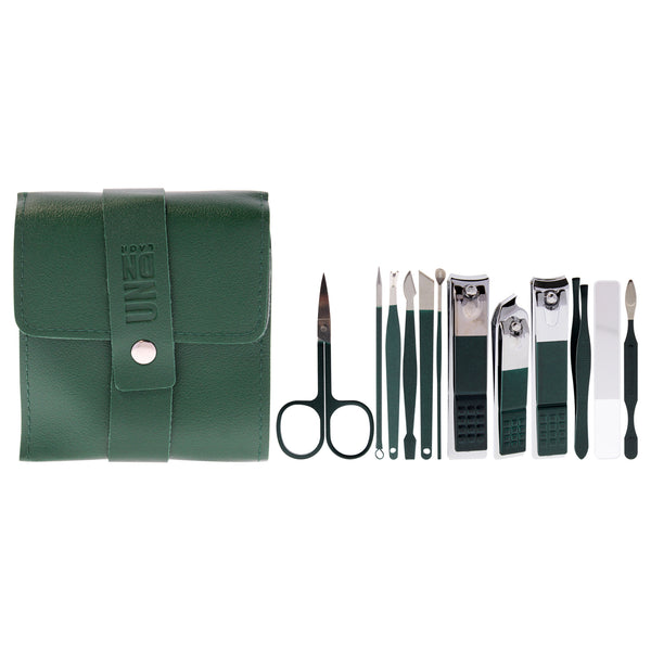 UNDN Manicure Set - Dark Green by UNDN for Women - 12 Pc Micro Scissors, 3Pc Clippers, Glass File, Tweezers, 1Pc Looped Lancet, Ear Cleaner, Small Nail Cleaner, Large Nail Cleaner, Cuticle Remover, Pedicure Knife