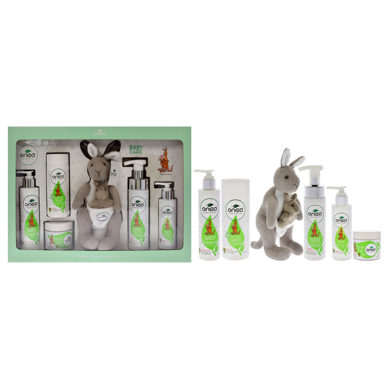 ONEA Baby Gift Pack by ONEA for Kids - 6 Pc 6.8oz Baby Moisturizer, 4.2oz Baby Massage Oil, 3.5oz Natural Apple Baby Powder, 6.8oz Baby Top to Toe Wash, 3.35oz Barrier Balm, Kangaroo Plush Toy