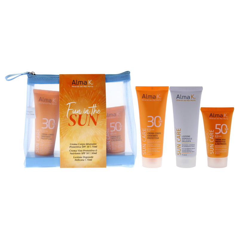Alma K Fun in The Sun Set by Alma K for Unisex - 3 Pc 1oz Crema Viso Protettiva and Nutriente SPF 50, 2.5oz Crema Corpo Hidratante Protettiva SPF 30, 2.5oz Lozione Doposole Delicata