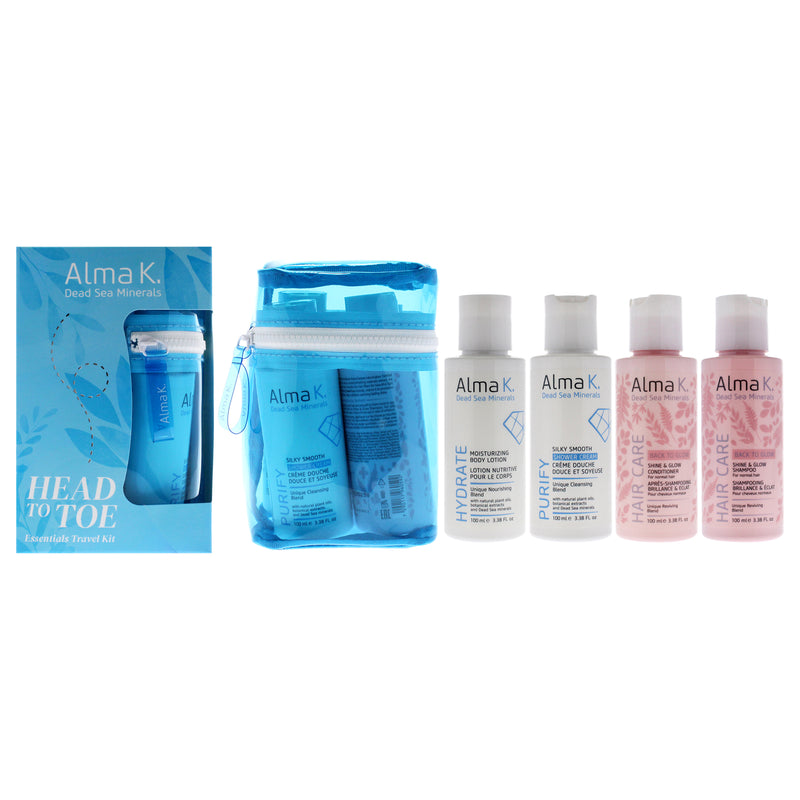 Alma K Head to Toe Essentials Travel Kit by Alma K for Women - 4 Pc 3.38oz Moisturizing Body Lotion, 3.38oz Silky Smooth Shower Cream, 3.38oz Shine and Glow Shampoo, 3.38oz Shine and Glow Conditioner