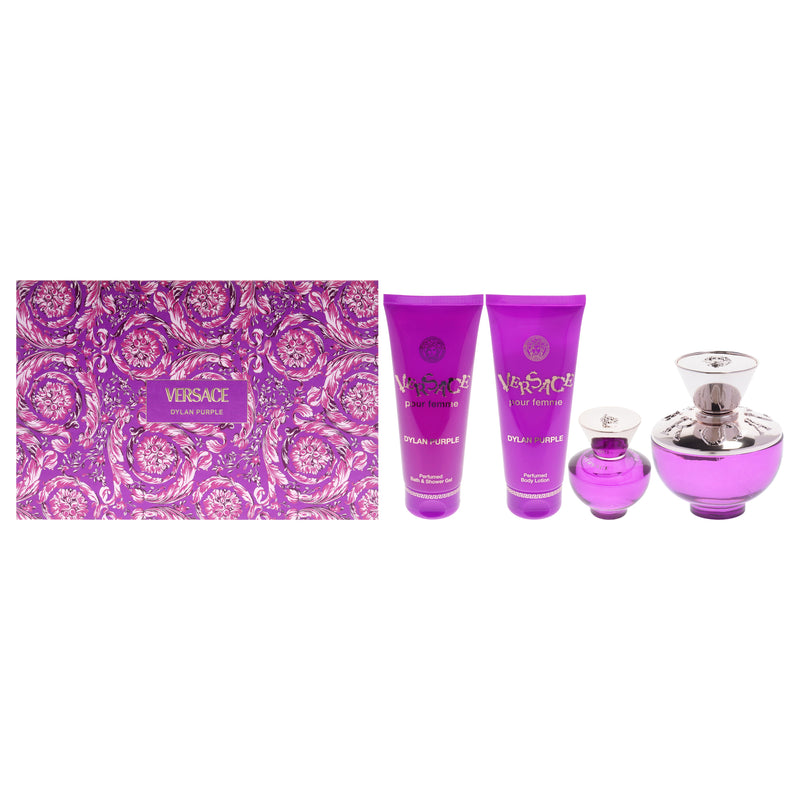 Versace Dylan Purple by Versace for Women - 4 Pc Gift Set 3.4oz EDP Spray, 0.17oz EDP Spray Mini, 3.4oz Shower Gel, 3.4oz Body Lotion