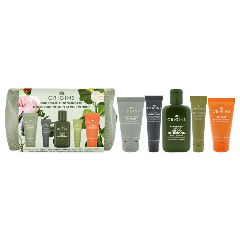 Origins Origins Best Sellers Set by Origins for Women - 5 Pc 1oz Checks and Balances Frothy Face Wash, 3.8oz Mega Mushroom Relief and Resilience Soothing Treatment Lotion, 0.5oz Clear Improvement Active Charcoal Face Mask,1.62oz Plantscription Multi-Power