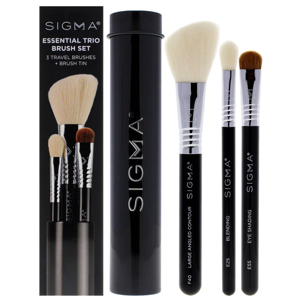 SIGMA Essential Brush Set - Black by SIGMA for Women - 4 Pc Eye Shading Brush - E55, Large Angled Contour Brush - F40, Blending Brush - E25, Brush Tin