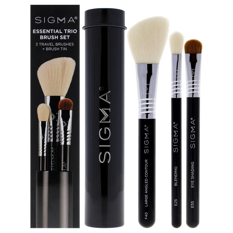 SIGMA Essential Brush Set - Black by SIGMA for Women - 4 Pc Eye Shading Brush - E55, Large Angled Contour Brush - F40, Blending Brush - E25, Brush Tin