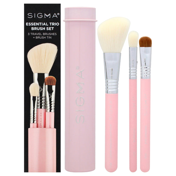 SIGMA Essential Brush Set - Pink by SIGMA for Women - 4 Pc Eye Shading Brush - E55, Large Angled Contour Brush - F40, Blending Brush - E25, Brush Tin
