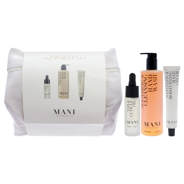 Mani Hand Treatment Set by Mani for Women - 3 Pc 13.5oz Soothing and Cleansing Hand Wash, 2.5oz Sanitizing Moisturizing Hand Cream, 0.34oz Nail and Cuticle Oil
