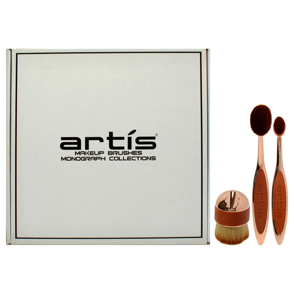 Artis Elite 3 Brush Set - Rose Gold by Artis for Women - 3 Pc Elite Collection Oval Brush 6 - Rose Gold, Elite Collection Oval Brush 4 - Rose Gold , Palm Brush Mini - Rose Gold, Travel Case Large - Black