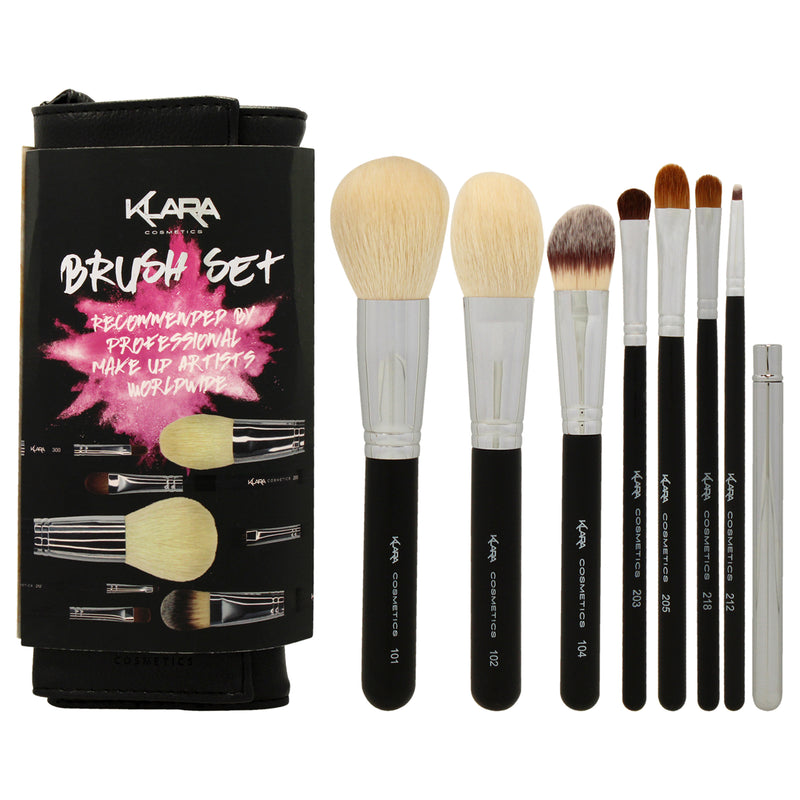 Klara Brush Set by Klara for Women - 8 Pc Powder Face Brush, Tapered Contour Brush, Liquid Foundation Brush, Wide Shadow Brush, Blending Crease Brush, Short Shadow Brush, Precision Eye Brush, Precision Lip Brush