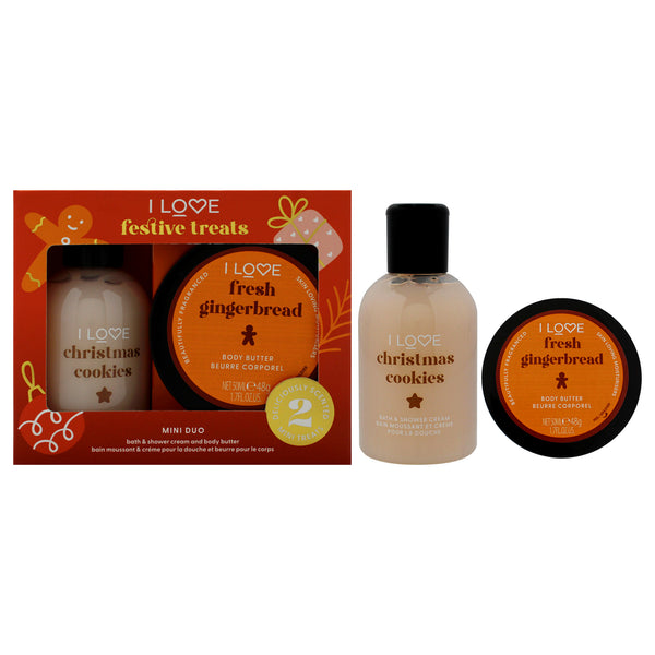 I Love Cosmetics I Love Festive Treat Mini Duo by I Love Cosmetics for Unisex - 2 Pc 3.4oz Christmas Cookie Bath and Shower Creme, 1.7oz Fresh Gingerbread Body Butter
