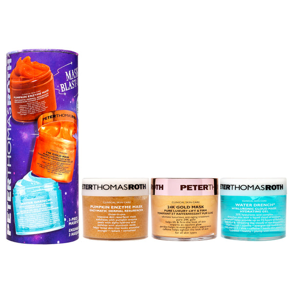 Peter Thomas Roth Mask Blast-Off Kit by Peter Thomas Roth for Unisex - 3 Pc 1.7oz Pumpkin Enzyme Mask, 1.7oz 24K Gold Mask, 1.7oz Water Drench Hyaluronic Cloud Mask