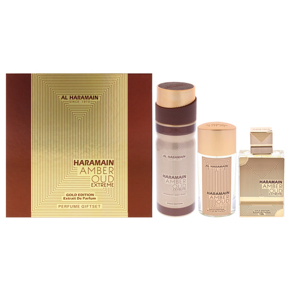 Al Haramain Amber Oud - Gold Edition Extreme by Al Haramain for Unisex - 3 Pc Gift Set 2.5oz Extrait De Parfum Spray, 1oz Extrait De Parfum Spray, 6.6oz Body Spray