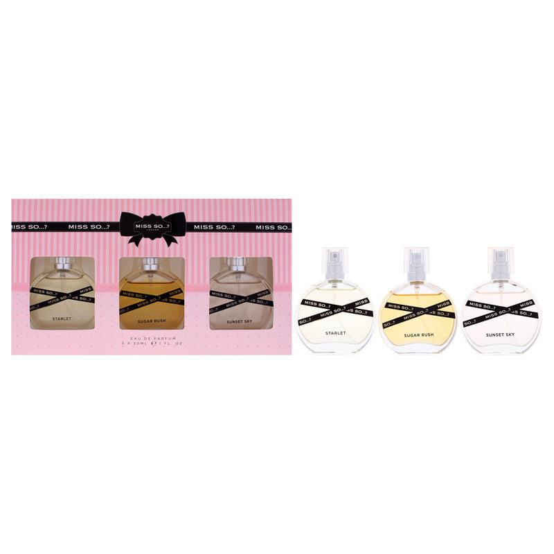 So…? Miss So Set by So…? for Women - 3 Pc Gift Set 1oz Starlet EDP Spray, 1oz Sugar Rush EDP Spray, 1oz Sunset Sky EDP Spray