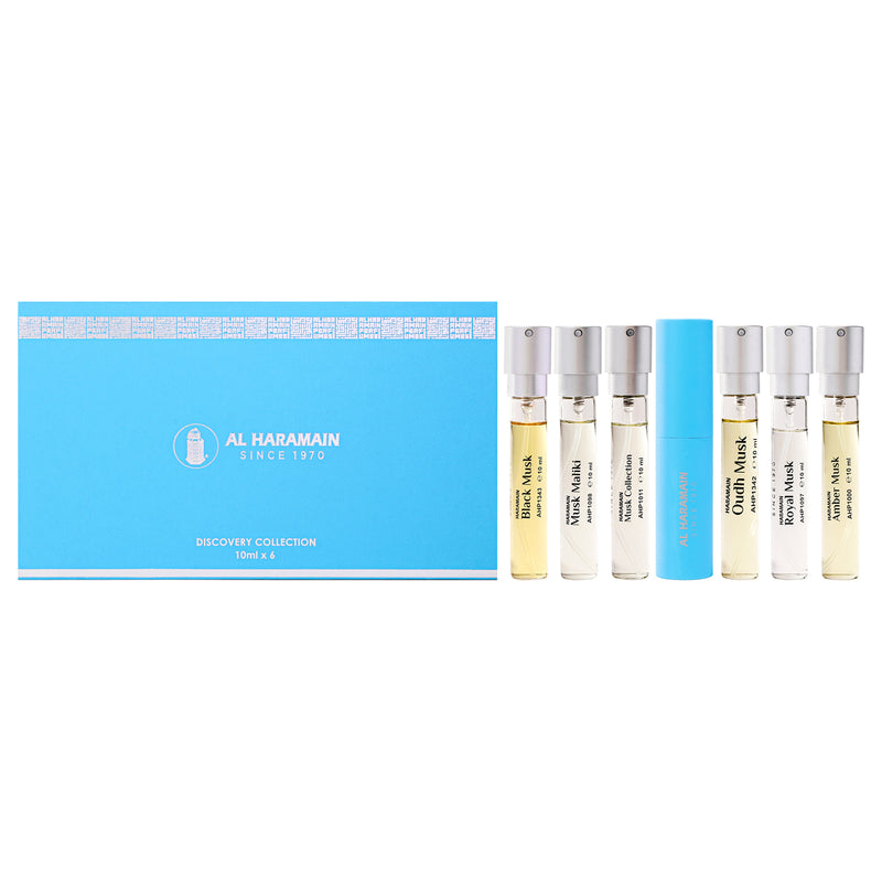 Al Haramain Discovery Collection - Musk Series by Al Haramain for Unisex - 6 Pc Mini Gift Set 0.33oz Amber Musk EDP Spray (Mini), 0.33oz Royal Musk EDP Spray (Mini), 0.33oz Oudh Musk EDP Spray (Mini), 0.33oz Musk collection EDP Spray (Mini), 0.33oz Musk M