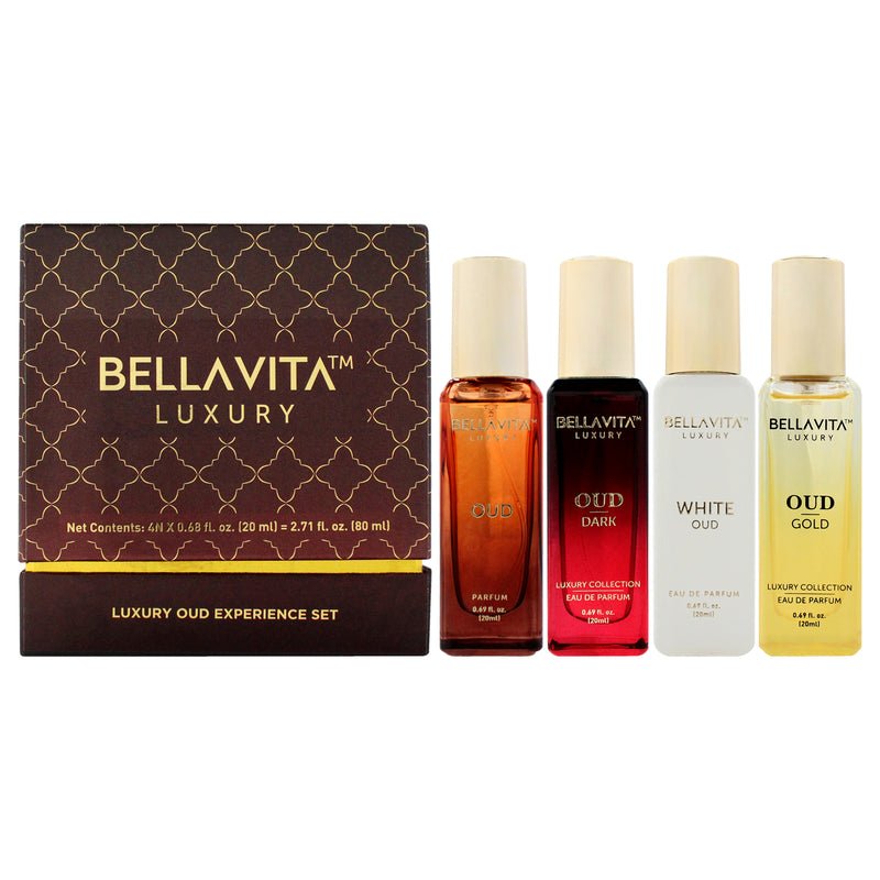 Bellavita Luxury Oud Experience Set by Bellavita for Unisex - 4 Pc Gift Set 0.68oz Oud Gold EDP Spray, 0.68oz White Oud EDP Spray, 0.68oz Oud Dark EDP Spray, 0.68oz Oud EDP Spray