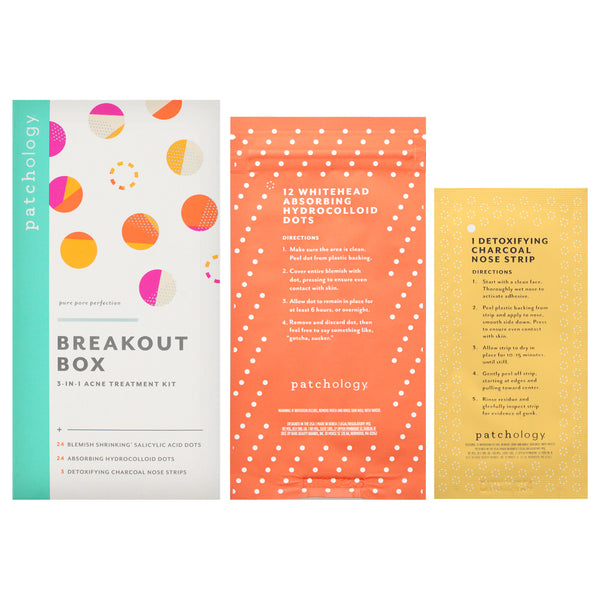 Patchology Breakout Box 3-in-1 Acne Treatment Kit by Patchology for Unisex - 3 Pc 3Pc Blackhead-Eliminating Charcoal Nose Strips, 24Pc Pimple-Shrinking Salicylic Acid Dots, 24Pc Whitehead-Absorbing Hydrocolloid Dots