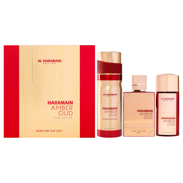 Al Haramain Amber Oud - Ruby Edition by Al Haramain for Unisex - 3 Pc Gift Set 2.5oz EDP Spray, 1oz EDP Spray, 6.6oz Body Spray