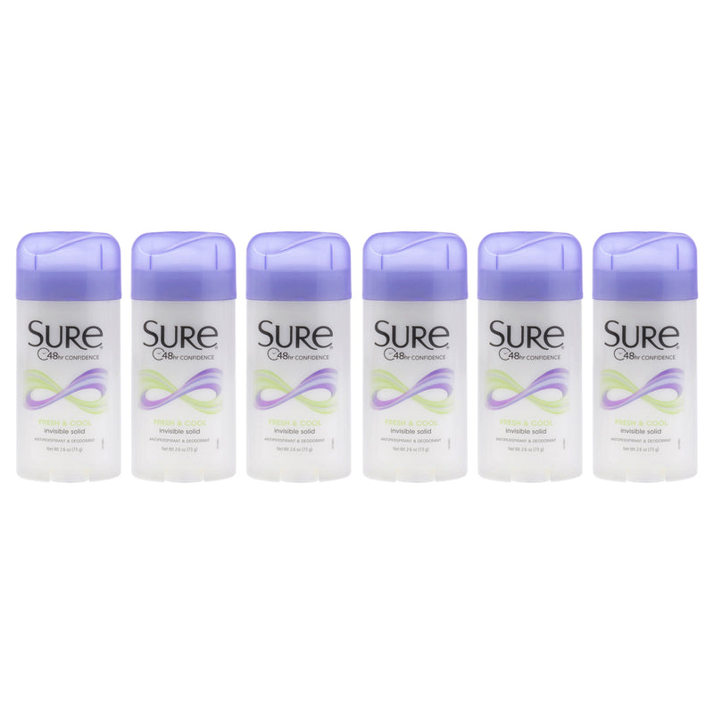Sure Invisible Solid Anti-Perspirant Deodorant - Fresh and Cool by Sure for Unisex - 2.6 oz Deodorant Stick - Pack of 6