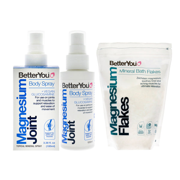 BetterYou BY Joint Bundle Kit by BetterYou for Unisex - 2 Pc Kit 35.2oz Magnesium Flakes Bath Salt, 3.38oz Magnesium Joint Body Spray