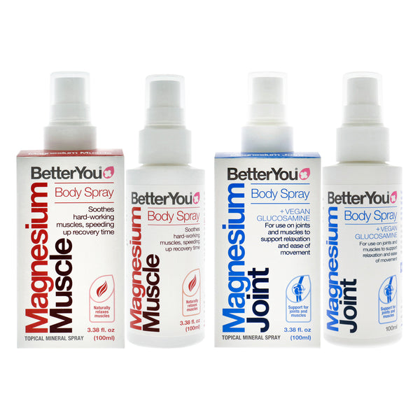 BetterYou BY Muscle and Joint Bundle Kit by BetterYou for Unisex - 3 Pc Kit 3.38oz Magnesium Joint Body Spray, 3.38oz Magnesium Muscle Body Spray