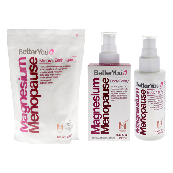 BetterYou BY Menopause Bundle Kit by BetterYou for Women - 2 Pc Kit 3.38oz Menopause Body Spray, 26.4oz Menopause Mineral Bath Flakes