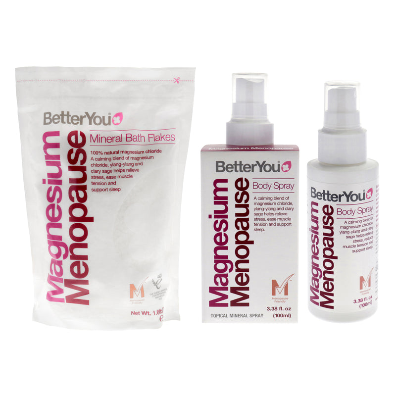 BetterYou BY Menopause Bundle Kit by BetterYou for Women - 2 Pc Kit 3.38oz Menopause Body Spray, 26.4oz Menopause Mineral Bath Flakes