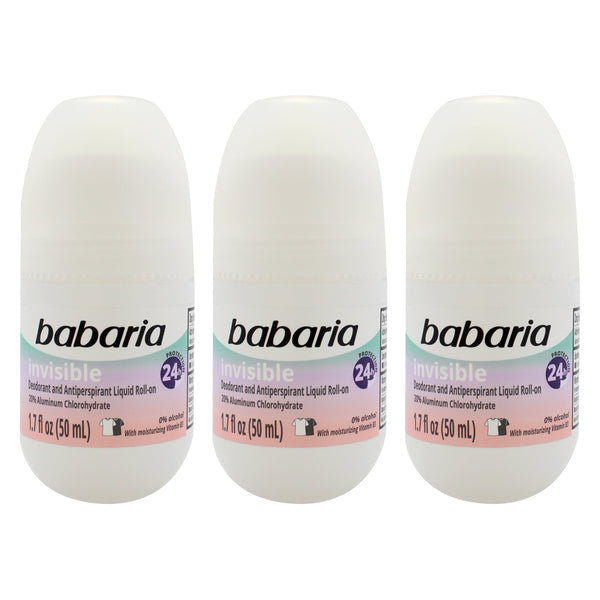 Babaria Invisible 24H Protection Deodorant and Antiperpirant by Babaria for Women - 1.7 oz Deodorant Roll-On - Pack of 3