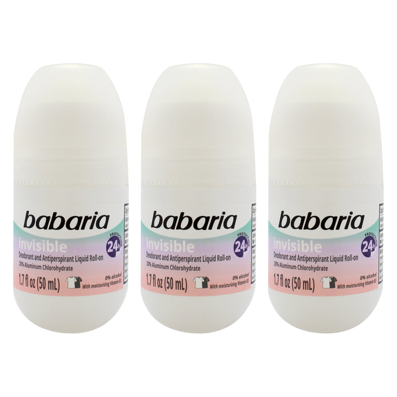 Babaria Invisible 24H Protection Deodorant and Antiperpirant by Babaria for Women - 1.7 oz Deodorant Roll-On - Pack of 3