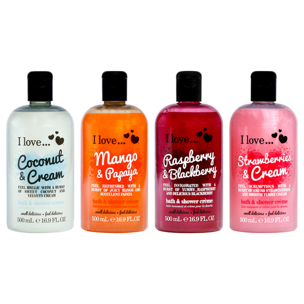 I Love Cosmetics Bath and Shower Cream Kit by I Love Cosmetics for Women - 4 Pc Kit 16.9oz Bath and Shower Creme - Strawberries and Cream, 16.9oz Bath and Shower Creme - Raspberry and Blackberry, 16.9oz Bath and Shower Creme - Mango and Papaya, 16.9oz Bat