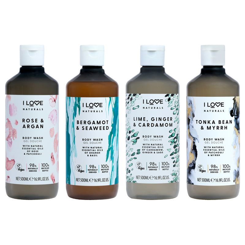 I Love Cosmetics Naturals Body Wash Collection Kit by I Love Cosmetics for Women - 4 Pc Kit 16.9oz Naturals Body Wash - Bergamot and Seaweed, 16.9oz Naturals Body Wash - Tonka Bean and Myrrh, 16.9oz Naturals Body Wash - Rose and Argan, 16.9oz Naturals Bod