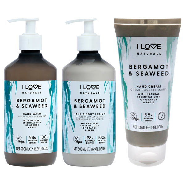 I Love Cosmetics Naturals Collection Kit by I Love Cosmetics for Women - 3 Pc Kit 3.4oz Naturals Hand Cream - Bergamot and Seaweed, 16.9oz Naturals Hand and Body Lotion - Bergamot and Seaweed, 16.9oz Naturals Hand Wash - Bergamot and Seaweed