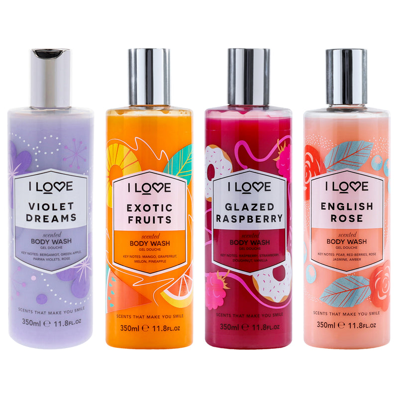 I Love Cosmetics Scented Body Wash Kit by I Love Cosmetics for Women - 4 Pc Kit 11.8oz Scented Body Wash - Exotic Fruit, 11.8oz Scented Body Wash - Glazed Raspberry, 11.8oz Scented Body Wash - English Rose, 11.8oz Scented Body Wash - Violet Dreams