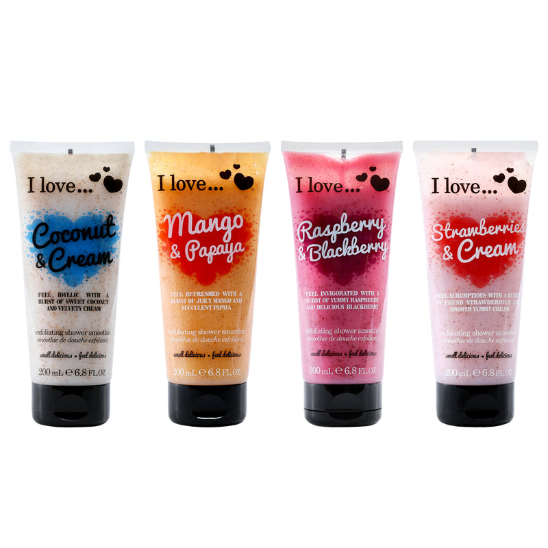 I Love Cosmetics Exfoliating Shower Smoothie Kit by I Love Cosmetics for Women - 4 Pc Kit 6.8oz Exfoliating Shower Smoothie - Coconut and Cream, 6.8oz Exfoliating Shower Smoothie - Mango and Papaya, 6.8oz Exfoliating Shower Smoothie - Raspberry and Balckb