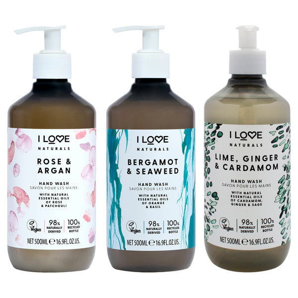 I Love Cosmetics Naturals Hand Wash Kit by I Love Cosmetics for Women - 3 Pc Kit 16.9oz Naturals Hand Wash - Bergamot and Seaweed, 16.9oz Naturals Hand Wash - Lime-Ginger and Cardamon, 16.9oz Naturals Hand Wash - Rose and Argan
