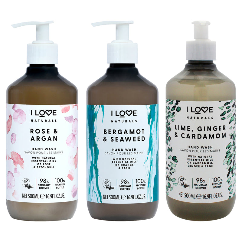 I Love Cosmetics Naturals Hand Wash Kit by I Love Cosmetics for Women - 3 Pc Kit 16.9oz Naturals Hand Wash - Bergamot and Seaweed, 16.9oz Naturals Hand Wash - Lime-Ginger and Cardamon, 16.9oz Naturals Hand Wash - Rose and Argan
