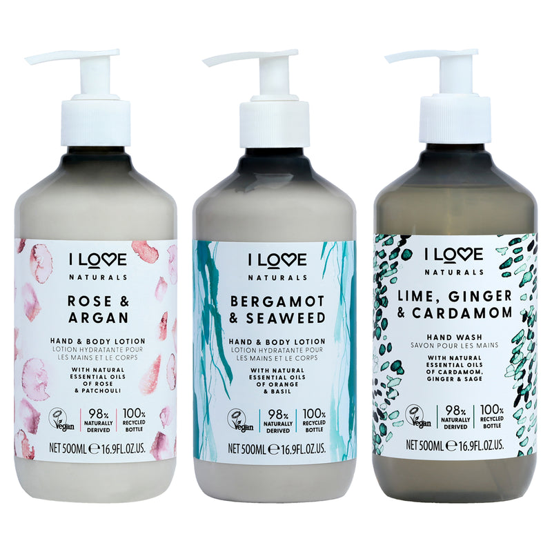 I Love Cosmetics Naturals Lotion Kit by I Love Cosmetics for Women - 3 Pc Kit 16.9oz Naturals Hand and Body Lotion - Bergamot and Seaweed, 16.9oz Naturals Hand and Body Lotion - Lime-Ginger and Cardamon, 16.9oz Naturals Hand and Body Lotion - Rose and Arg