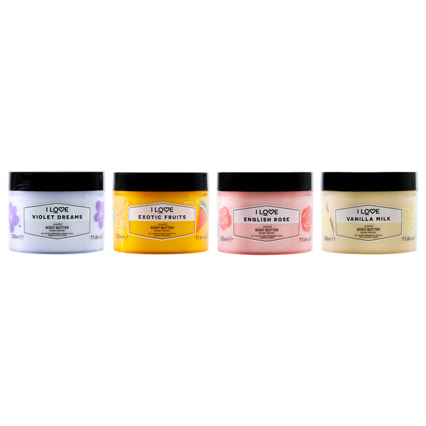 I Love Cosmetics Body Butter Kit by I Love Cosmetics for Women - 4 Pc Kit 11.6oz Scented Body Butter - Violet Dreams, 11.6oz Scented Body Butter - Vanilla Milk, 11.6oz Scented Body Butter - Exotic Fruit, 11.6oz Scented Body Butter - English Rose
